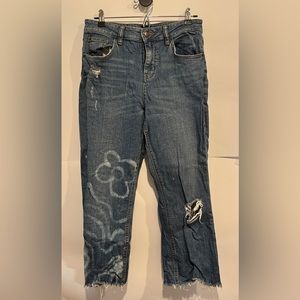 BDG Graffiti Distressed High Rise Kick Flare Crop Jeans